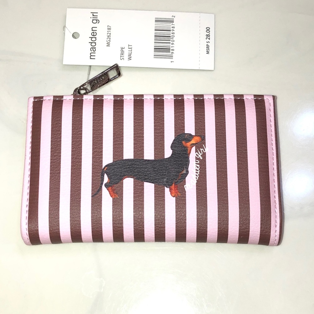 Madden Girl Pink & Brown Striped Bifold Faux Leather Wallet Dachshund Accent NWT - Picture 3 of 16